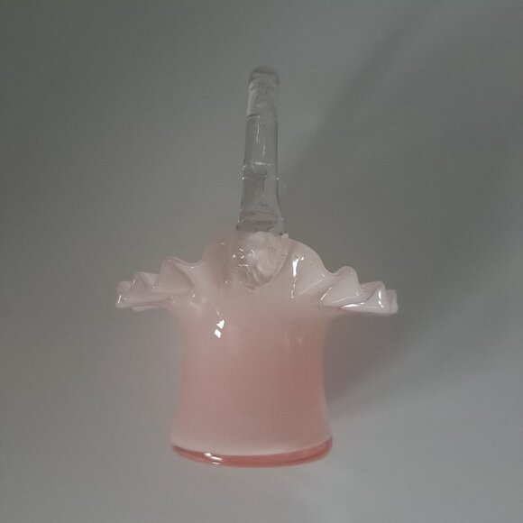 Fenton Overlay Pink Handled Glass Basket With Ruffled Edge - Picture 8 of 16